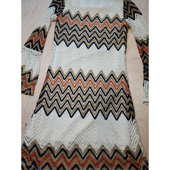 Tacera Womens Size Small Brown Ivory Orange Black Zig Zag Mini Dress Bell Sleeve - Picture 9 of 11